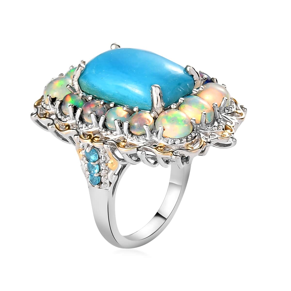 Premium Peruvian Opalina and Multi Gemstone Halo Ring in Vermeil Yellow Gold and Platinum Over Sterling Silver (Size 6.0) 8.15 ctw image number 3