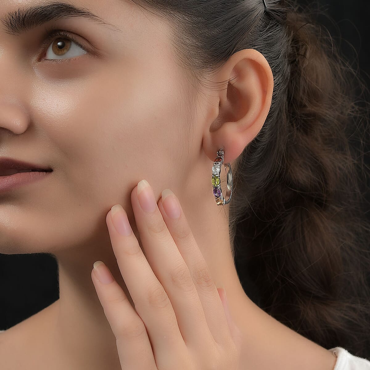 Multi Gemstone 5.10 ctw Hoop Earrings in Stainless Steel image number 1