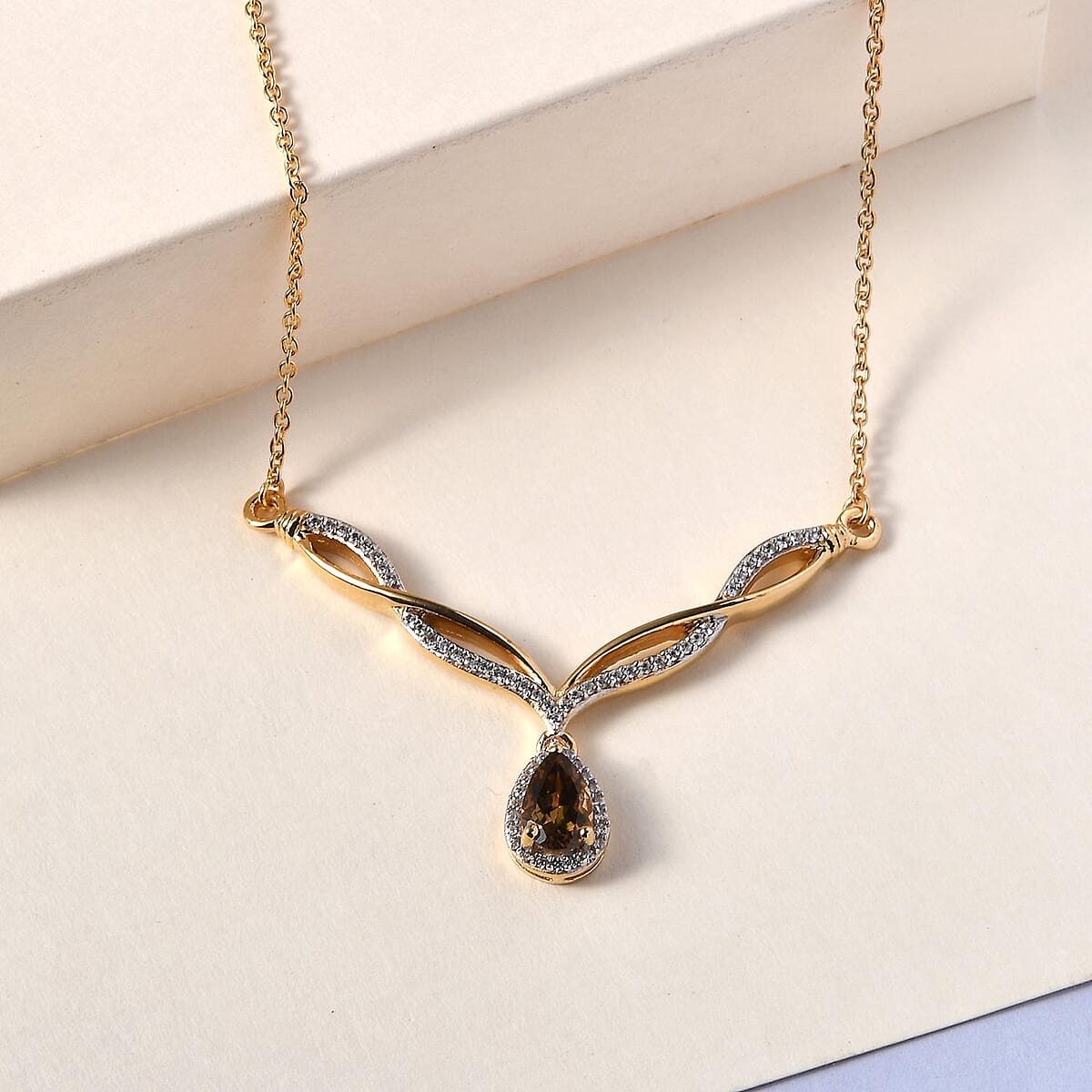 Golden Tanzanite and Natural White Zircon Drop Necklace 18 Inches in Vermeil Yellow Gold Over Sterling Silver 1.40 ctw image number 1