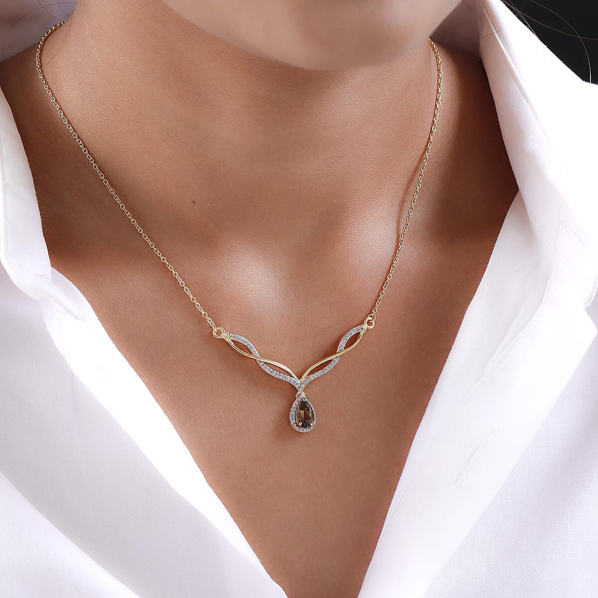 Golden Tanzanite and Natural White Zircon Drop Necklace 18 Inches in Vermeil Yellow Gold Over Sterling Silver 1.40 ctw image number 2