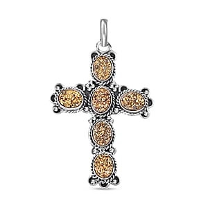 Golden Drusy Quartz 7.20 ctw Cross Pendant without Chain Sterling Silver, Artisan Crafted Quartz Religious Pendant without Chain, Unique Birthday Gifts For Women