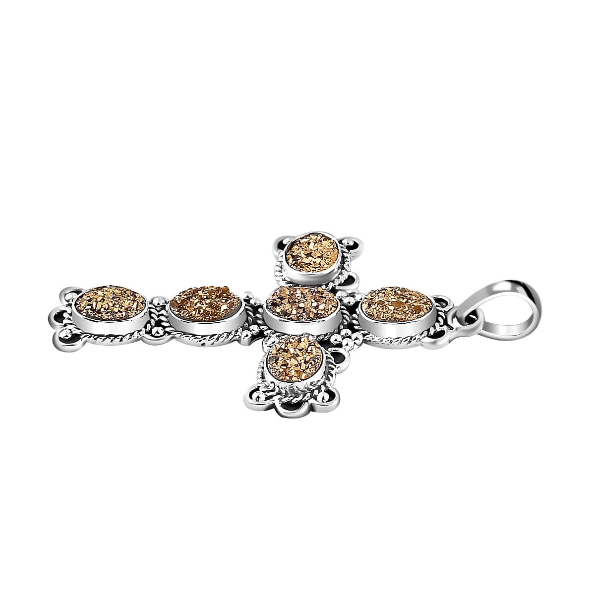 Golden Drusy Quartz 7.20 ctw Cross Pendant without Chain Sterling Silver, Artisan Crafted Quartz Religious Pendant without Chain, Unique Birthday Gifts For Women image number 2