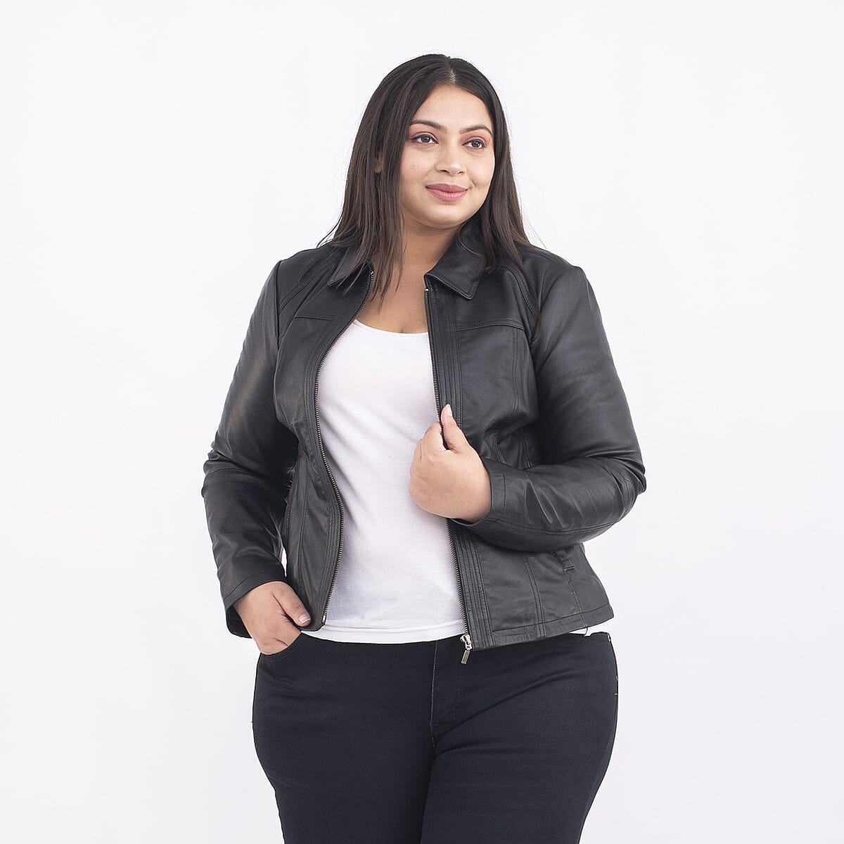Tamsy Black Genuine Lamb Leather Jacket for Women - L, Women's Jacket, Biker Jacket, Leather Blazer image number 2
