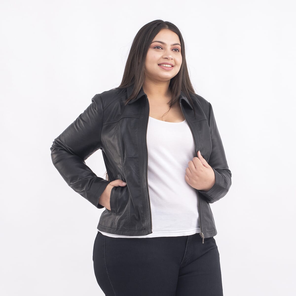 Tamsy Black Genuine Lamb Leather Jacket for Women - 1X , Women's Jacket , Biker Jacket , Leather Blazer image number 3