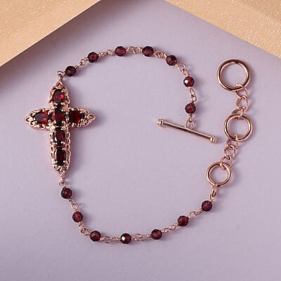 Karis Mozambique Garnet Cross Adjustable Bracelet (6.50-8In) with Toggle Clasp in 18K Rose Gold Plated 9.90 ctw