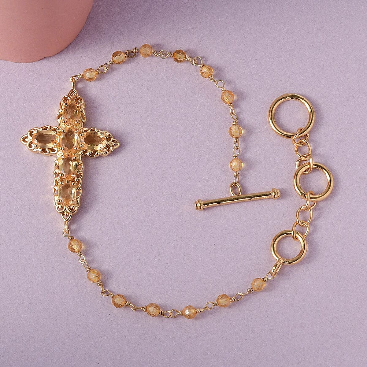 Karis Brazilian Citrine Cross Adjustable Bracelet (6.50-8In) with Toggle Clasp in 18K Yellow Gold Plated 5.65 ctw image number 1
