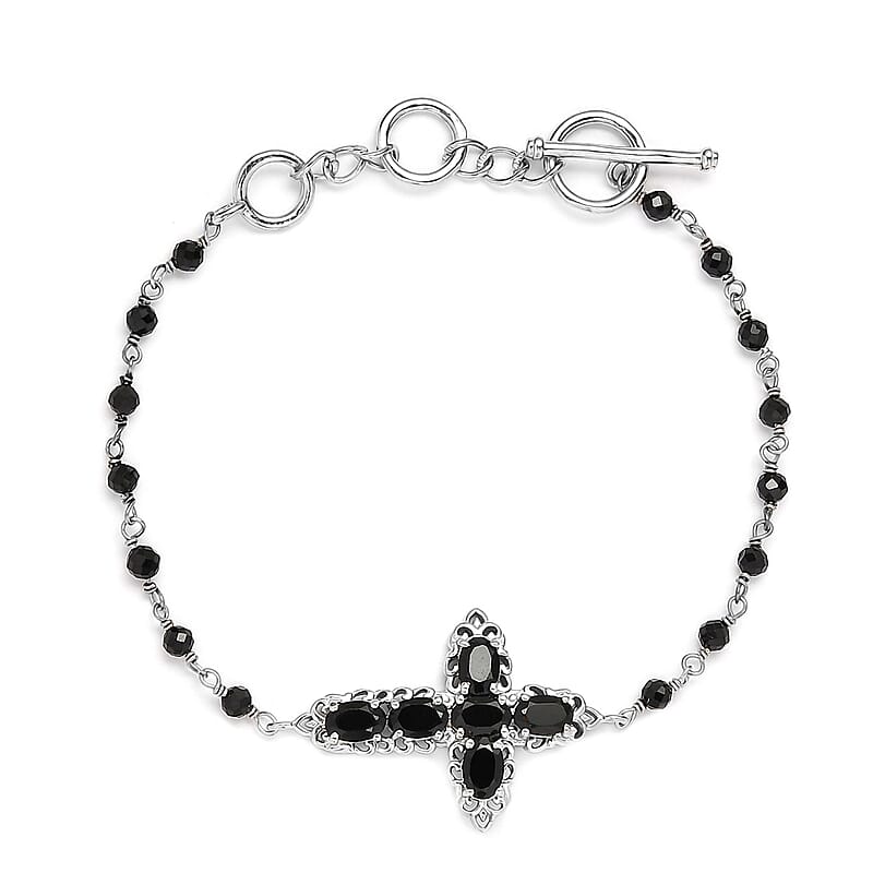 Karis Thai Black Spinel Cross Adjustable Bracelet (6.50-8In) with Toggle Clasp in Platinum Bond 7.50 ctw