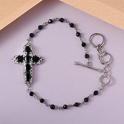 Karis Thai Black Spinel Cross Adjustable Bracelet (6.50-8In) with Toggle Clasp in Platinum Bond 7.50 ctw