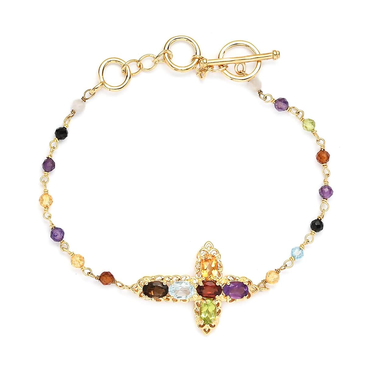 Karis Multi Gemstone Cross Adjustable Bracelet (6.50-8In) with Toggle Clasp in 18K Yellow Gold Plated 6.65 ctw image number 0