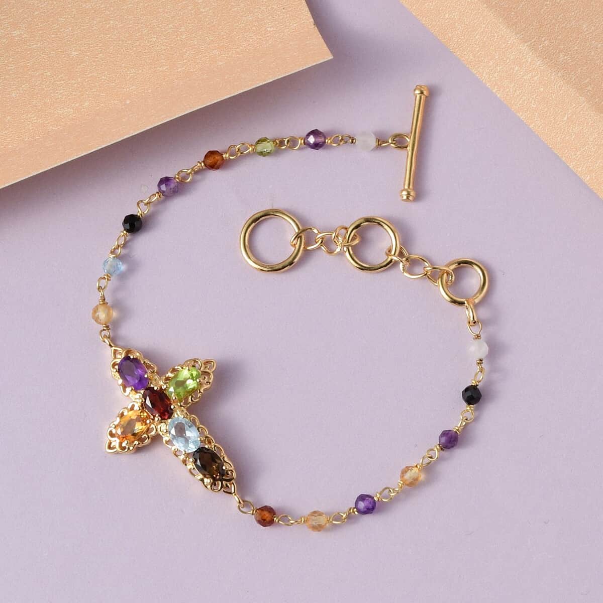 Karis Multi Gemstone Cross Adjustable Bracelet (6.50-8In) with Toggle Clasp in 18K Yellow Gold Plated 6.65 ctw image number 1