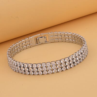 Simulated Diamond 3 Row Bracelet in Silvertone (7.50 In) 20.00 ctw
