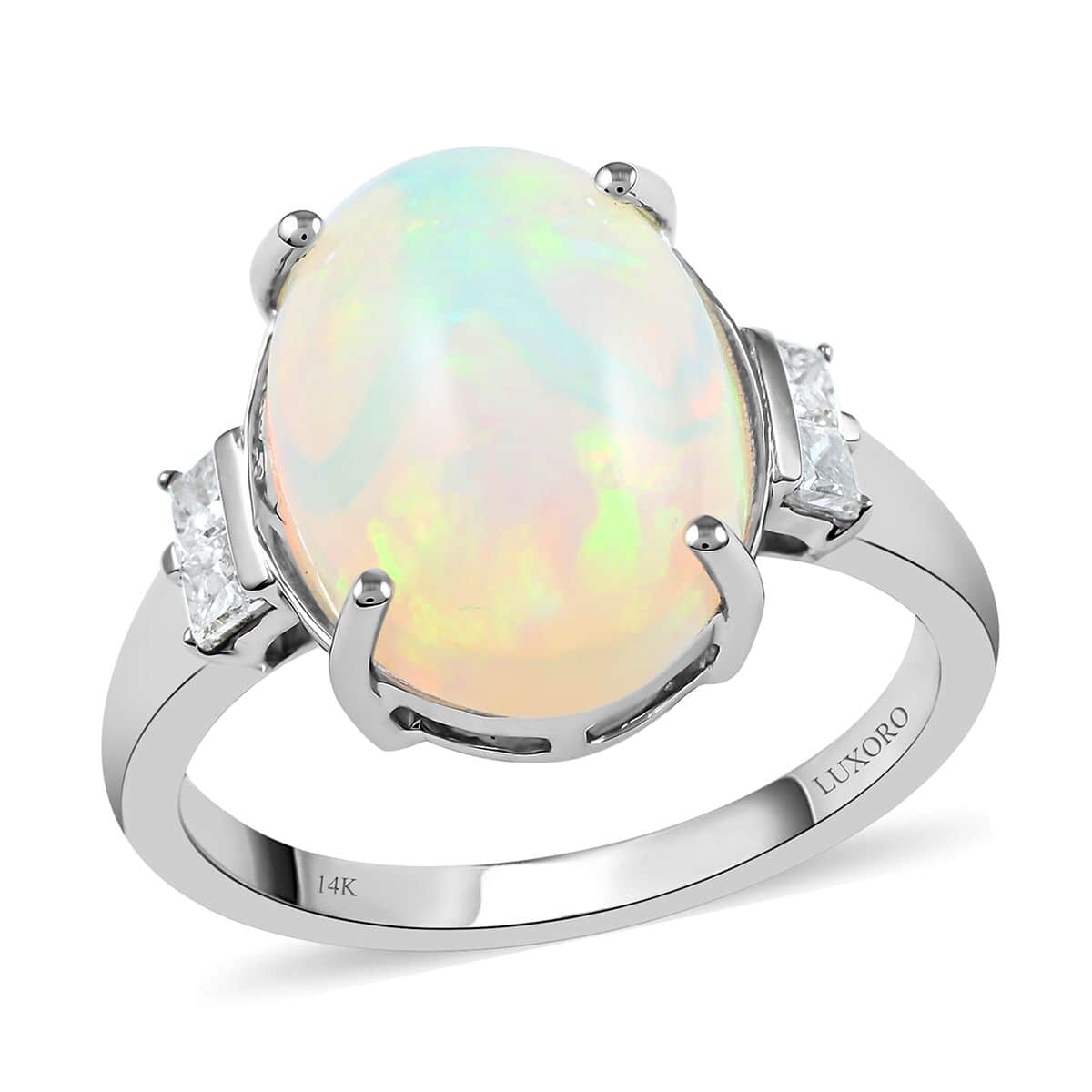 Certified LUXORO 14K White Gold AAA Ethiopian Welo Opal and G-H I2 Diamond Ring 3.66 Grams 3.90 ctw image number 0