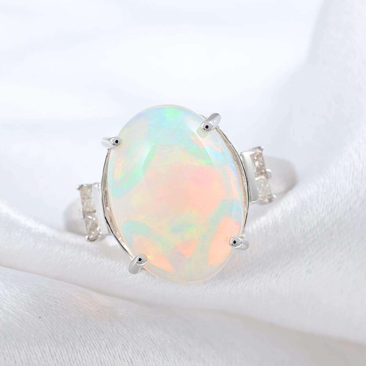 Certified Luxoro 14K White Gold AAA Ethiopian Welo Opal and G-H I2 Diamond Ring (Size 6.0) 3.90 ctw image number 1