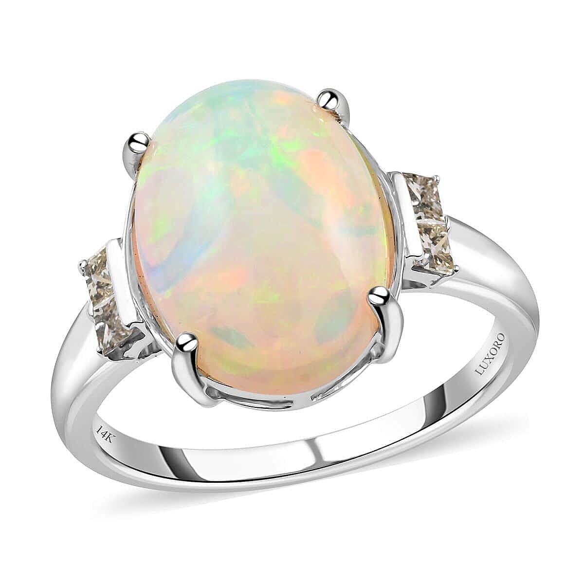 Certified Luxoro 14K White Gold AAA Ethiopian Welo Opal and G-H I2 Diamond Ring (Size 7.0) 3.90 ctw image number 0