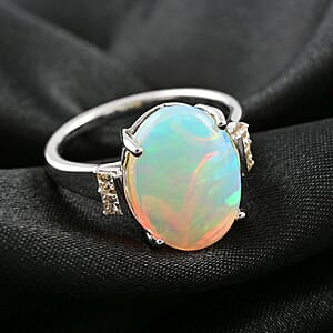 Certified Luxoro 14K White Gold AAA Ethiopian Welo Opal and G-H I2 Diamond Ring (Size 7.0) 3.90 ctw