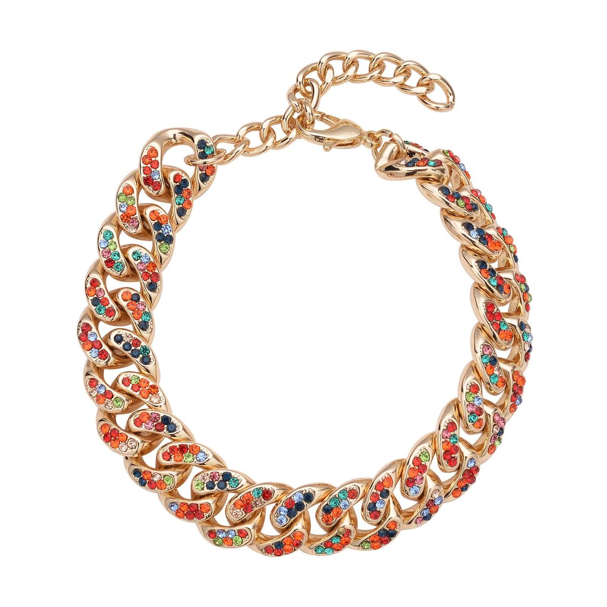 Multi Color Austrian Crystal Curb Link Chain Bracelet in Goldtone (7.50-9.50In) image number 0