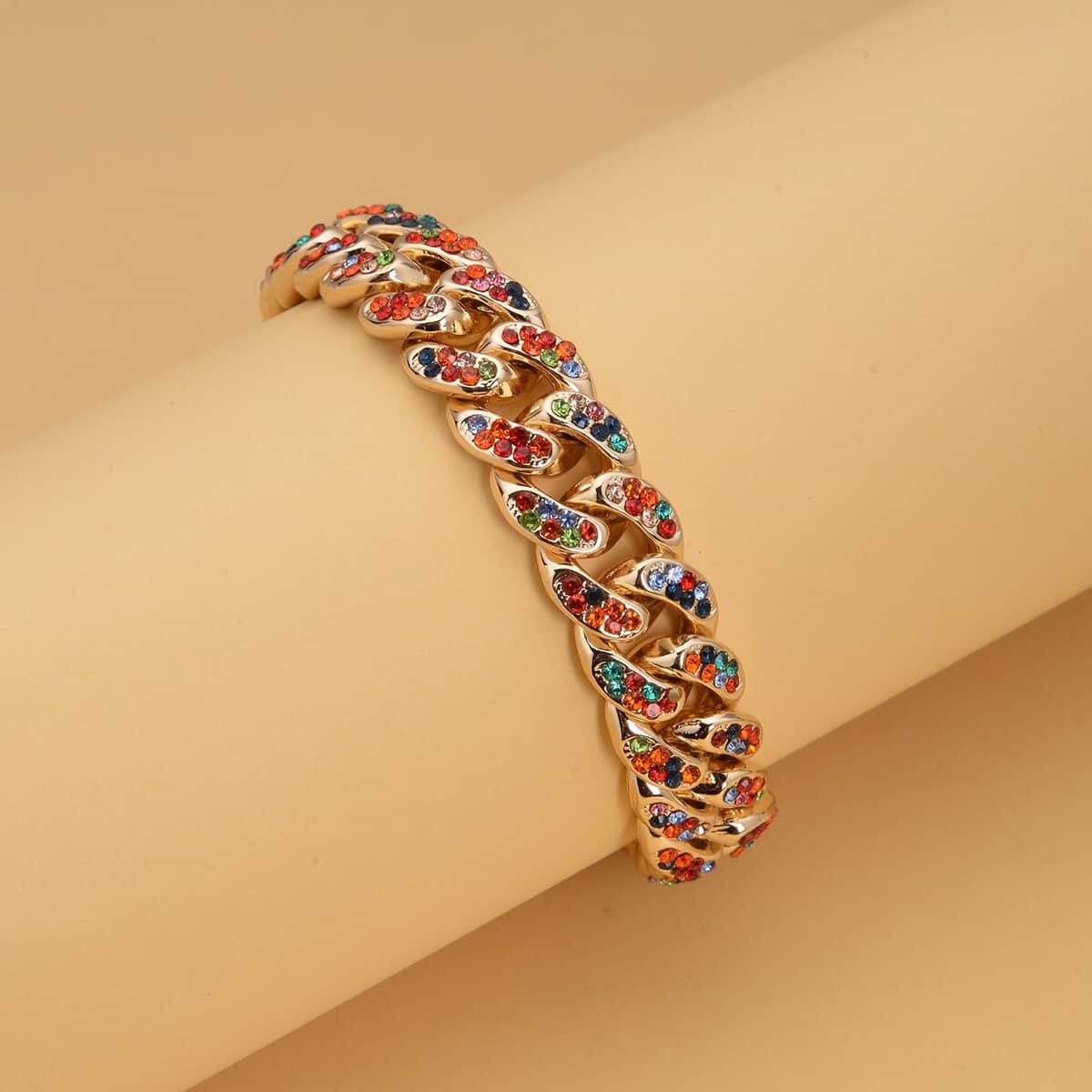 Multi Color Austrian Crystal Curb Link Chain Bracelet in Goldtone (7.50-9.50In) image number 1
