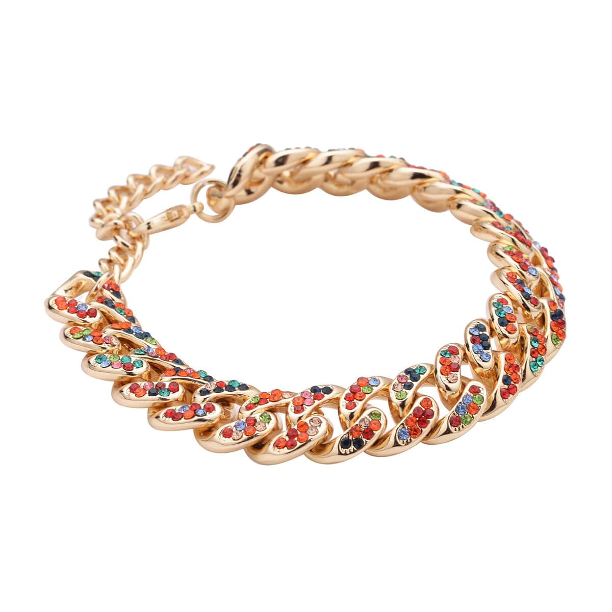 Multi Color Austrian Crystal Curb Link Chain Bracelet in Goldtone (7.50-9.50In) image number 2