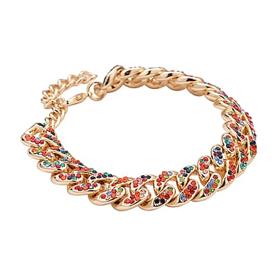 Multi Color Austrian Crystal Curb Link Chain Bracelet in Goldtone (7.50-9.50In)