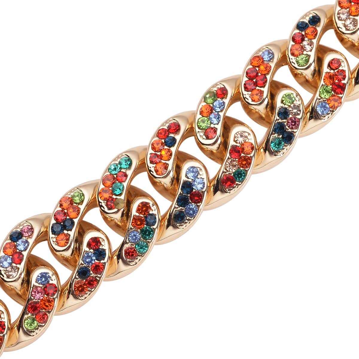 Multi Color Austrian Crystal Curb Link Chain Bracelet in Goldtone (7.50-9.50In) image number 3