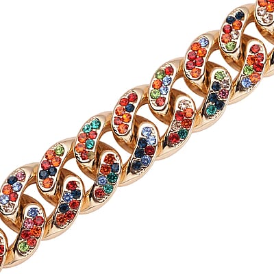 Multi Color Austrian Crystal Curb Link Chain Bracelet in Goldtone (7.50-9.50In)
