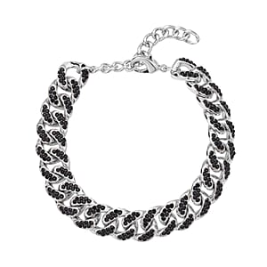 Black Austrian Crystal Curb Link Chain Bracelet in Silvertone (7.50-9.50In)