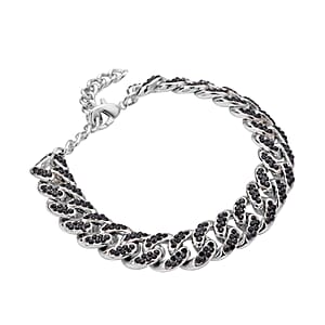 Black Austrian Crystal Curb Link Chain Bracelet in Silvertone (7.50-9.50In)