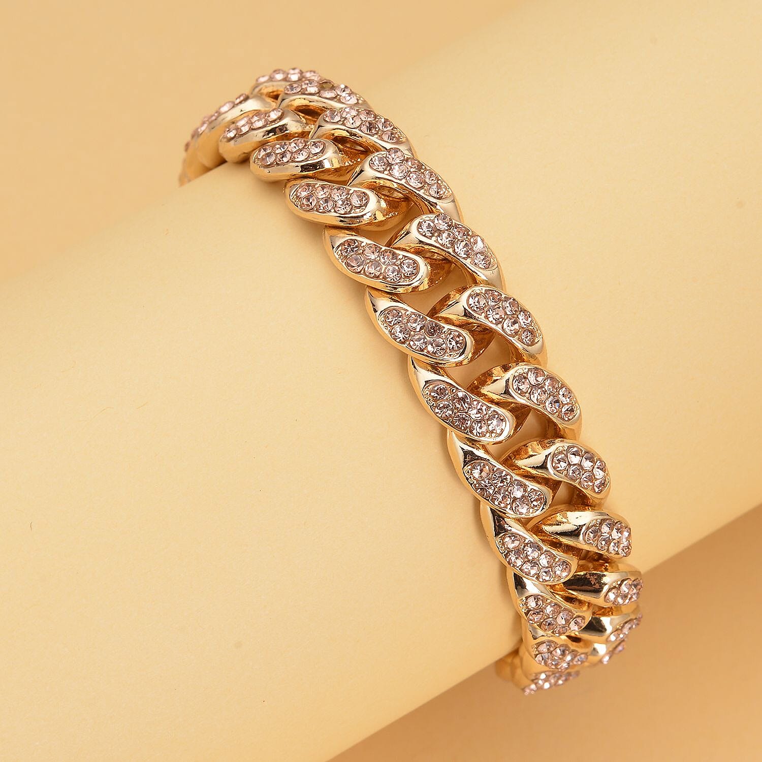 Champagne Austrian Crystal Curb Link Chain Bracelet in Goldtone (7.50-9.50In)