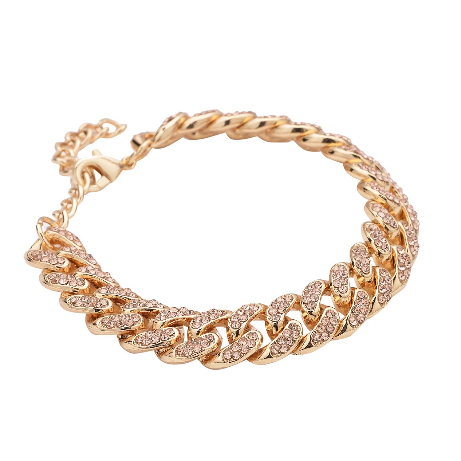 Champagne Austrian Crystal Curb Link Chain Bracelet in Goldtone (7.50-9.50In)