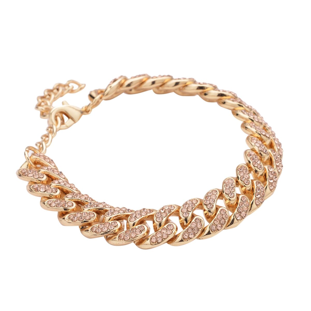 Champagne Austrian Crystal Curb Link Chain Bracelet in Goldtone (7.50-9.50In) image number 2