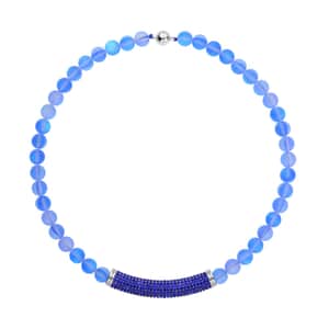 Blue Aurora Borealis Glass and Blue Austrian Crystal Boho Style Necklace 20 Inches in Silvertone
