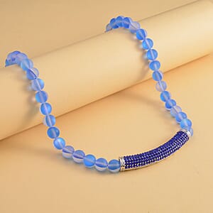 Blue Aurora Borealis Glass and Blue Austrian Crystal Boho Style Necklace in Silvertone 20 Inches