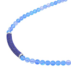 Blue Aurora Borealis Glass and Blue Austrian Crystal Boho Style Necklace in Silvertone 20 Inches