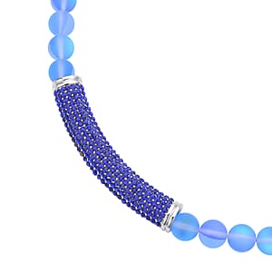 Blue Aurora Borealis Glass and Blue Austrian Crystal Boho Style Necklace in Silvertone 20 Inches