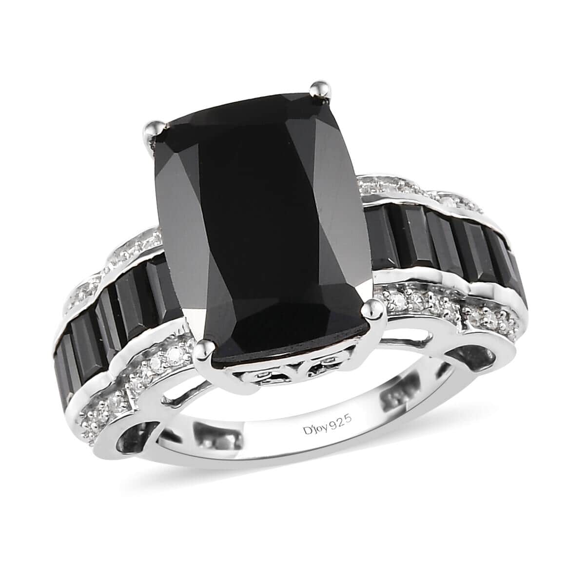 Natural Thai Black Spinel and Natural White Zircon Ring in Platinum Over Sterling Silver 10.85 ctw image number 0