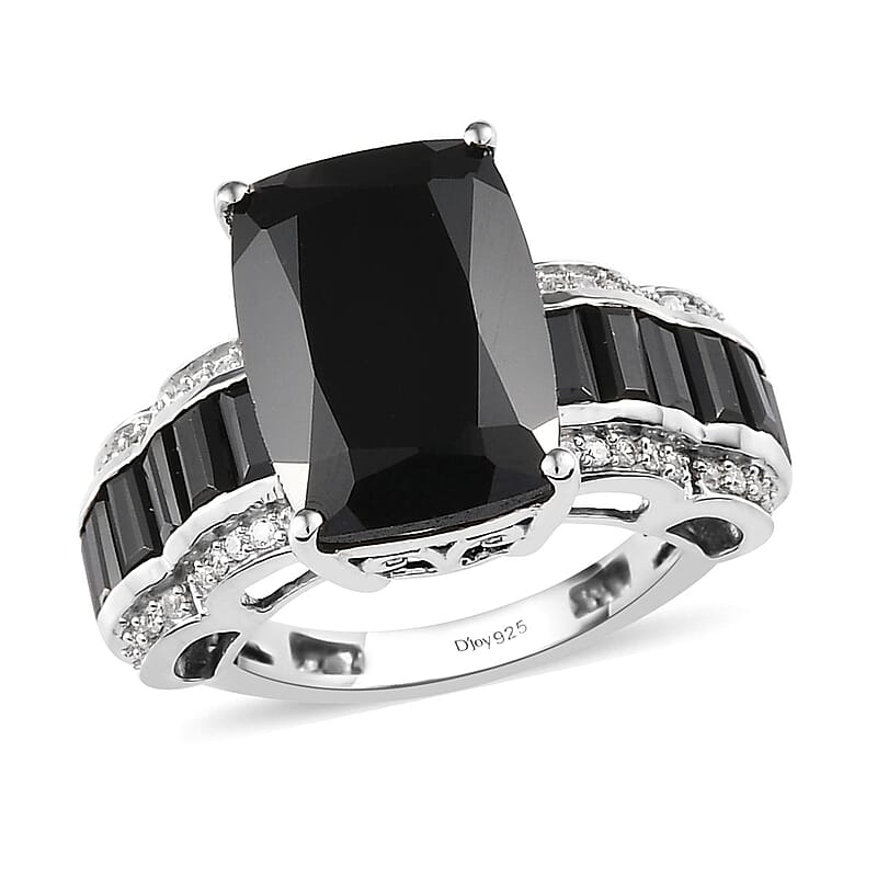 Thai Black Spinel and White Zircon Ring in Platinum Over Sterling Silver (Size 10.0) 10.85 ctw