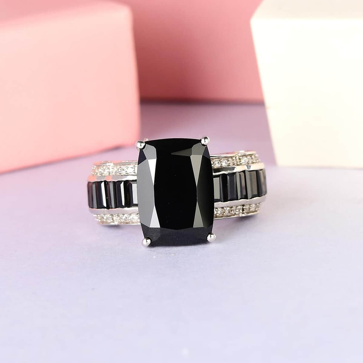 Natural Thai Black Spinel and Natural White Zircon Ring in Platinum Over Sterling Silver 10.85 ctw image number 1