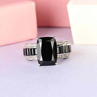 Thai Black Spinel and White Zircon Ring in Platinum Over Sterling Silver (Size 10.0) 10.85 ctw