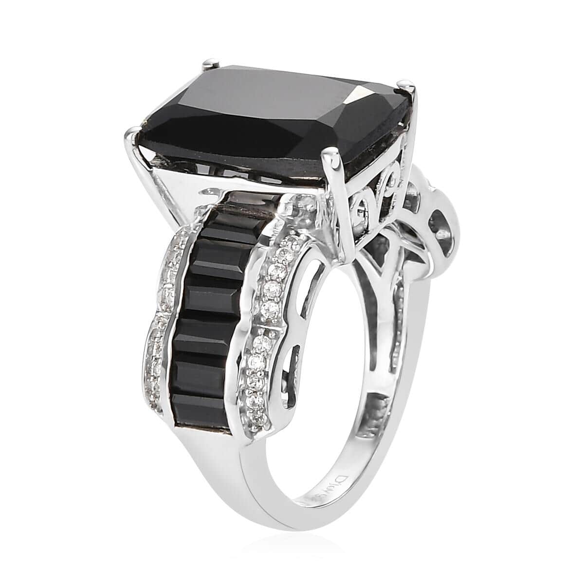 Natural Thai Black Spinel and Natural White Zircon Ring in Platinum Over Sterling Silver 10.85 ctw image number 3