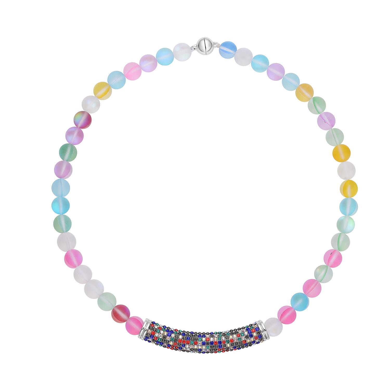 Blue Aurora Borealis Glass and Blue Austrian Crystal Boho Style Necklace 20 Inches in Silvertone