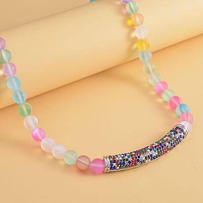 Multi Color Aurora Borealis Glass, Multi Color Austrian Crystal Boho Style Necklace in Silvertone 20 Inches