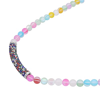 Multi Color Aurora Borealis Glass, Multi Color Austrian Crystal Boho Style Necklace in Silvertone 20 Inches