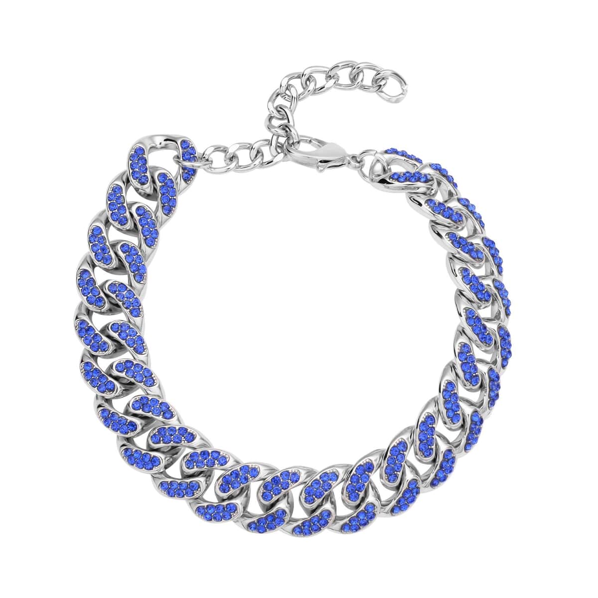 Blue Austrian Crystal Curb Link Chain Bracelet in Silvertone (7.50-9.50In) image number 0