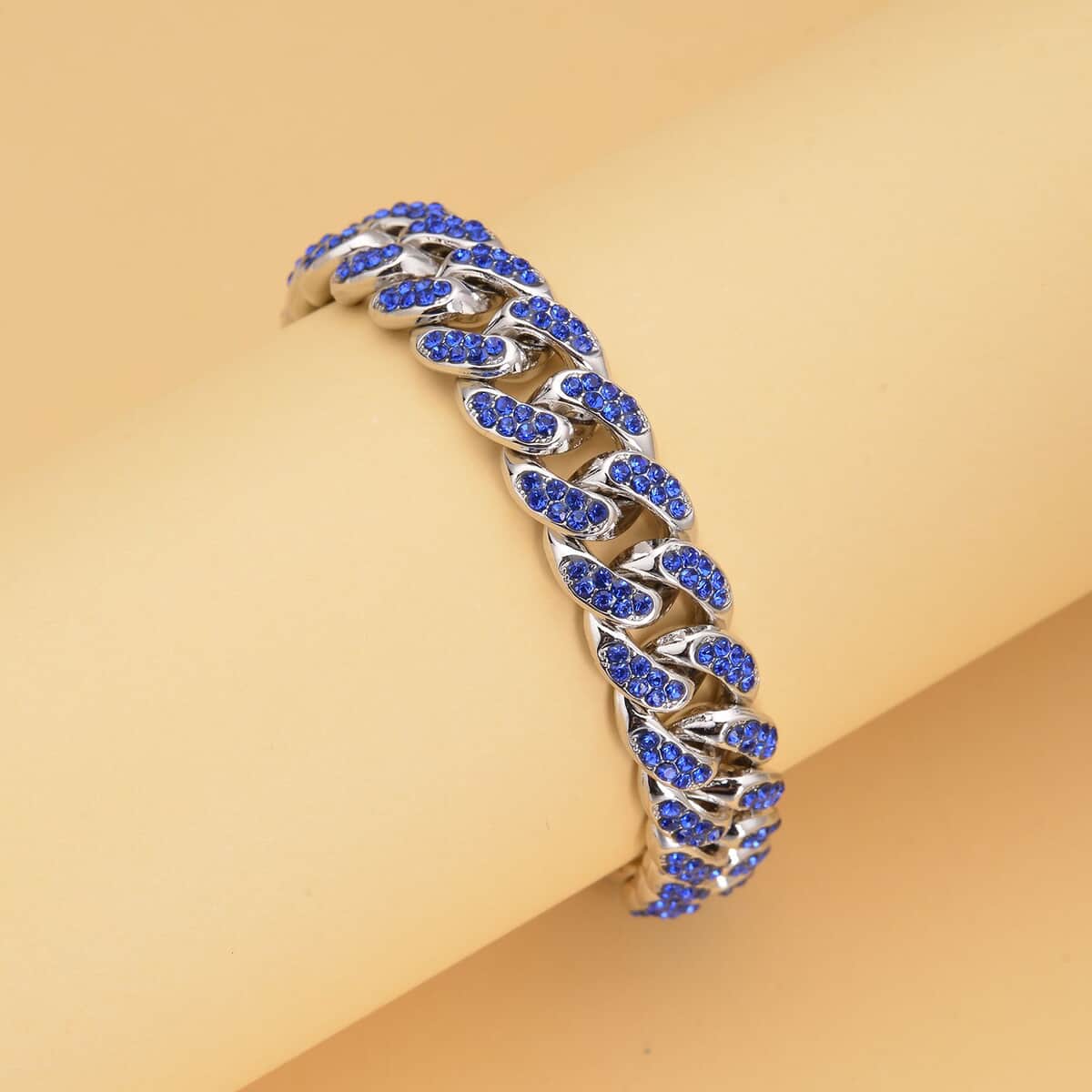 Blue Austrian Crystal Curb Link Chain Bracelet in Silvertone (7.50-9.50In) image number 1