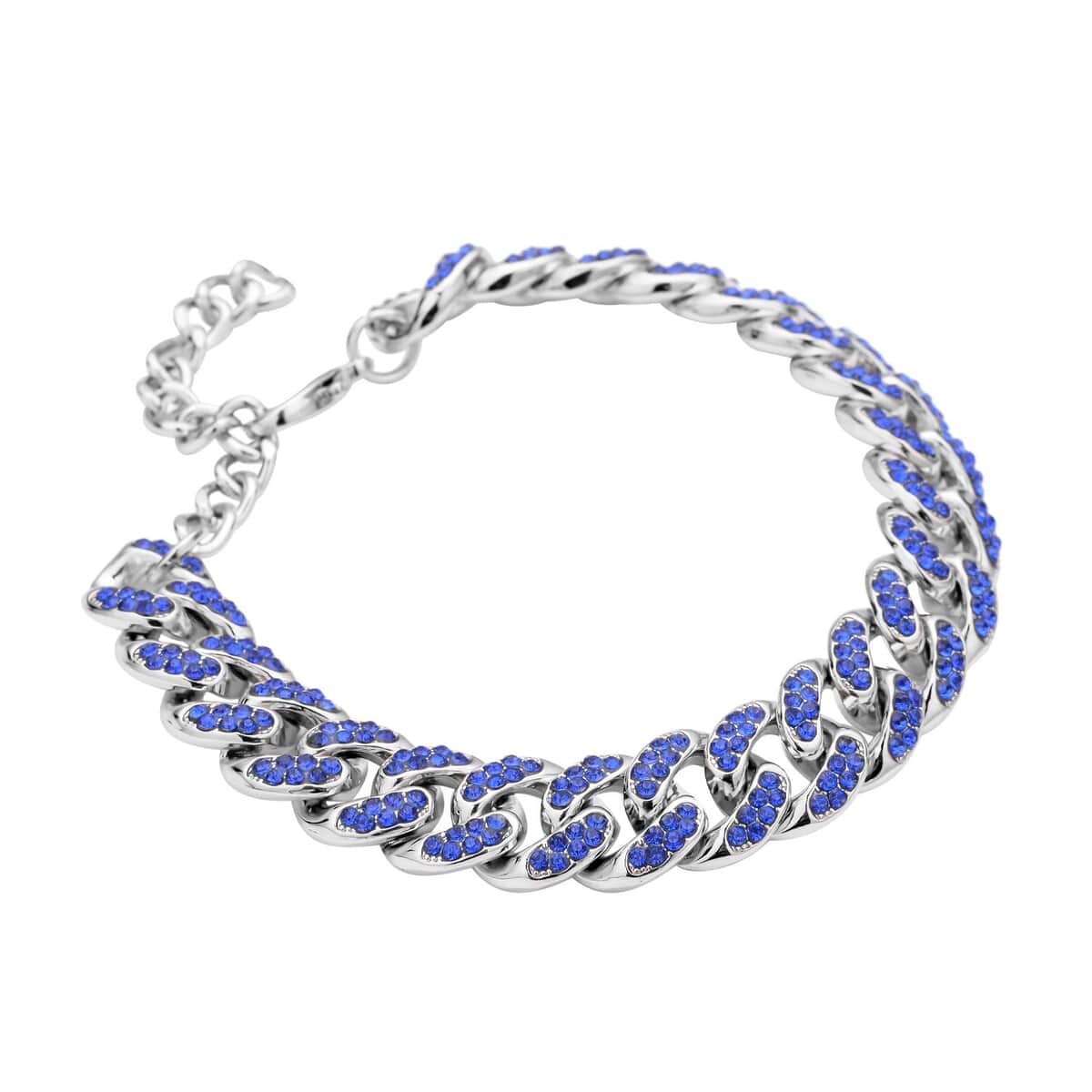 Blue Austrian Crystal Curb Link Chain Bracelet in Silvertone (7.50-9.50In) image number 2