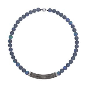 Black Aurora Borealis Glass and Black Austrian Crystal Boho Style Necklace in Silvertone 20 Inches