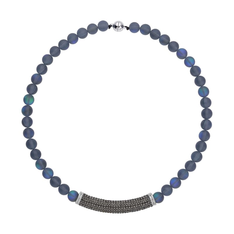Black Aurora Borealis Glass and Black Austrian Crystal Boho Style Necklace in Silvertone 20 Inches