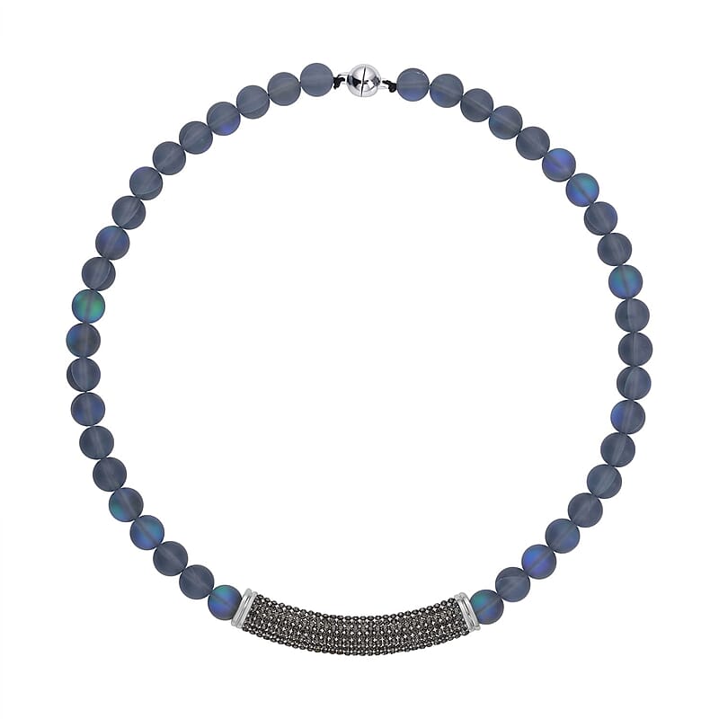 Black Aurora Borealis Glass and Black Austrian Crystal Boho Style Necklace in Silvertone 20 Inches