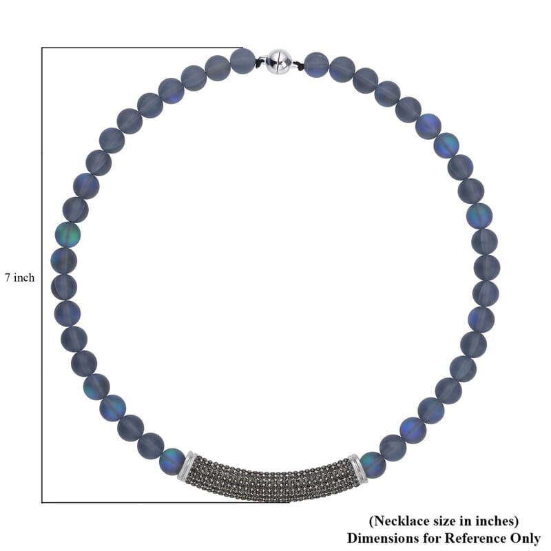 Black Aurora Borealis Glass and Black Austrian Crystal Boho Style Necklace in Silvertone 20 Inches