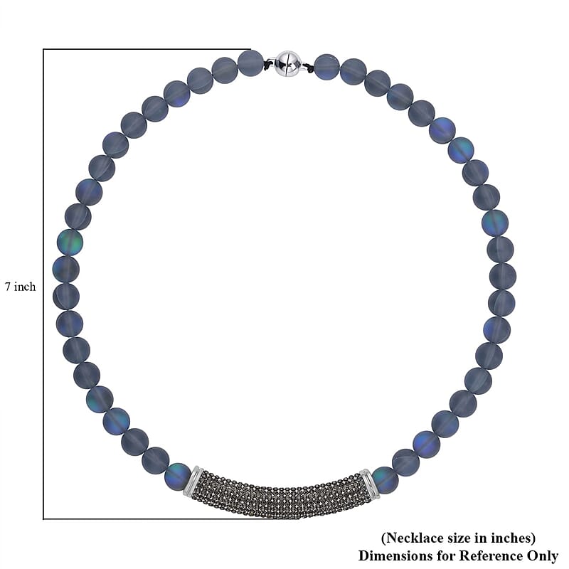 Black Aurora Borealis Glass and Black Austrian Crystal Boho Style Necklace in Silvertone 20 Inches